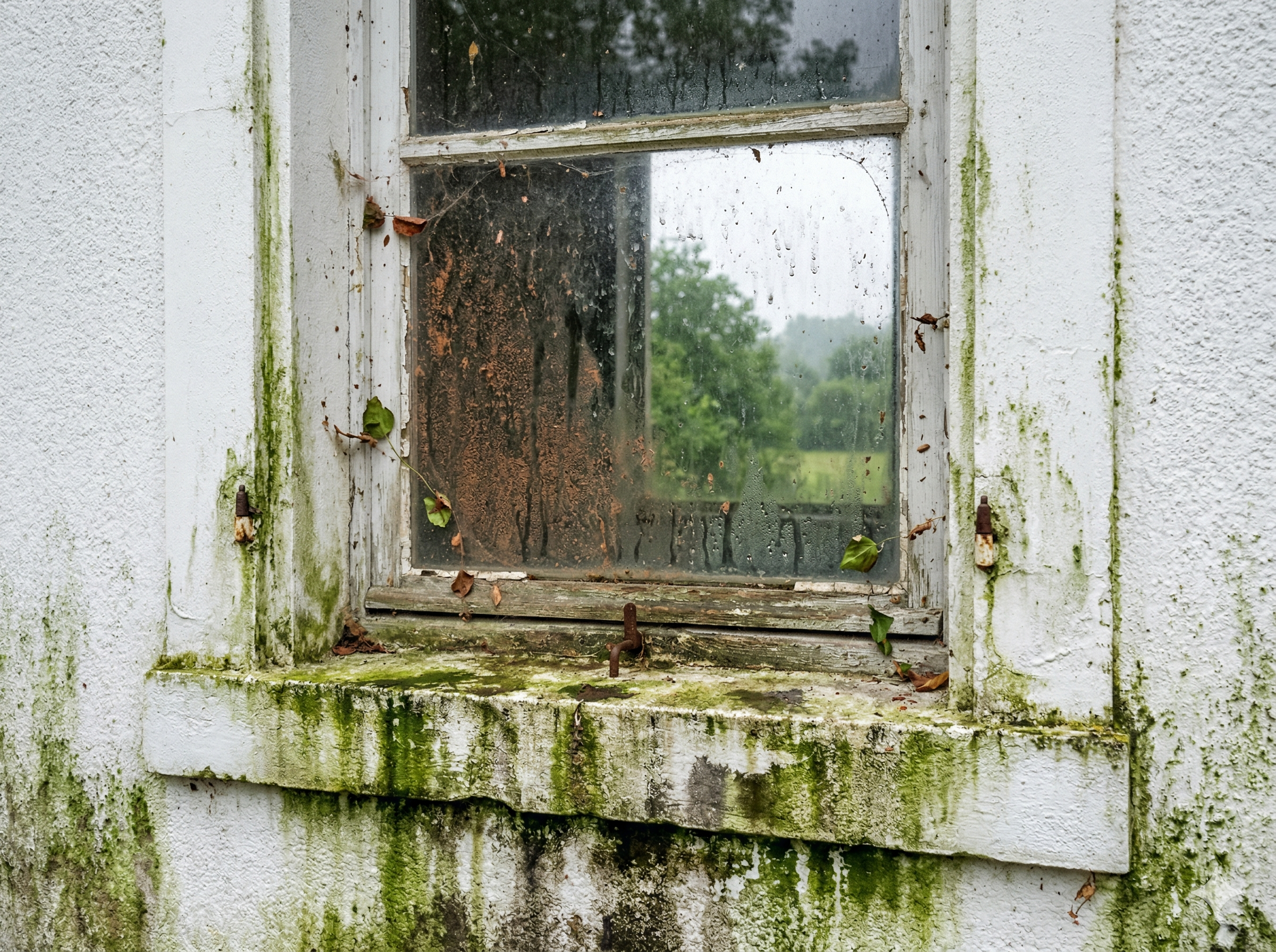 Gros plan d'une façade envahie par la mousse et d'une baie vitrée poussiéreuse à Saint-Omer.
