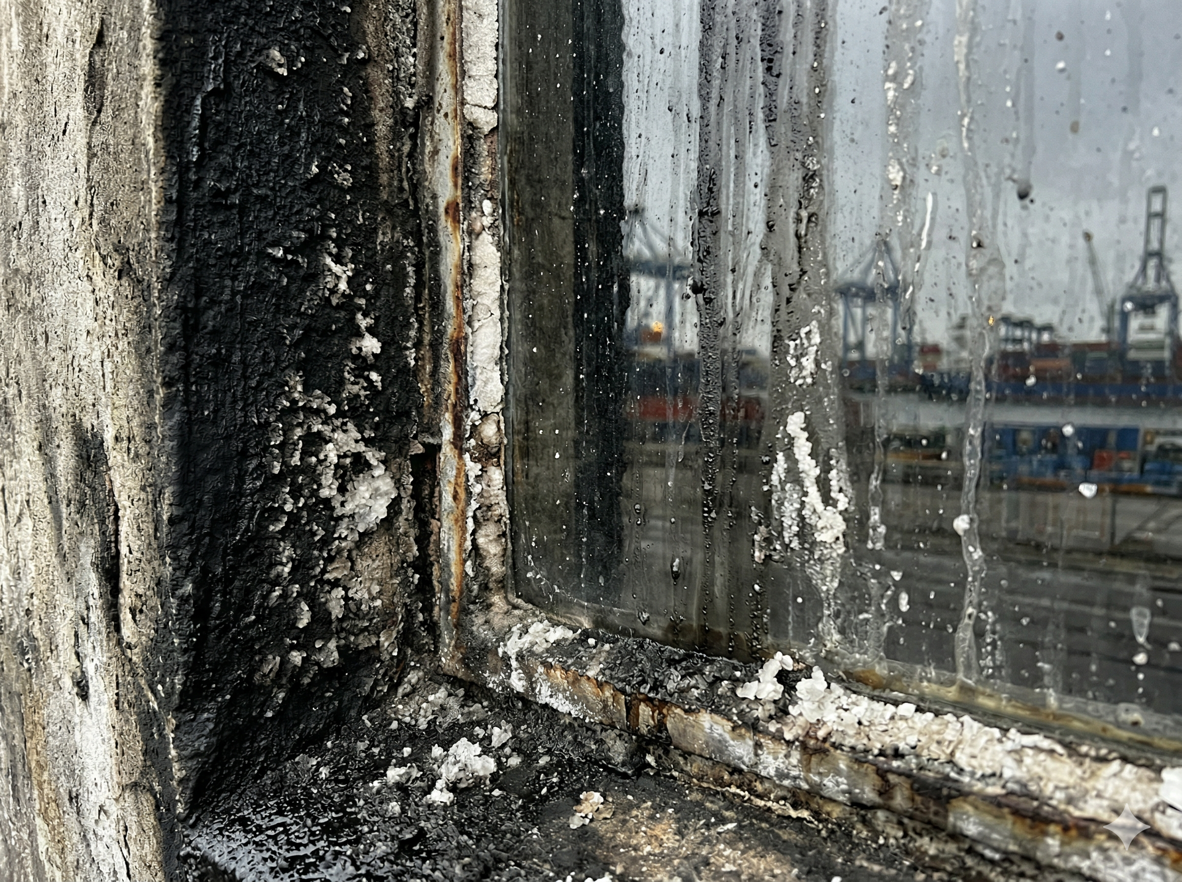 Gros plan d'une façade et d'une vitre endommagées par les poussières du trafic transmanche et le sel marin à Calais.