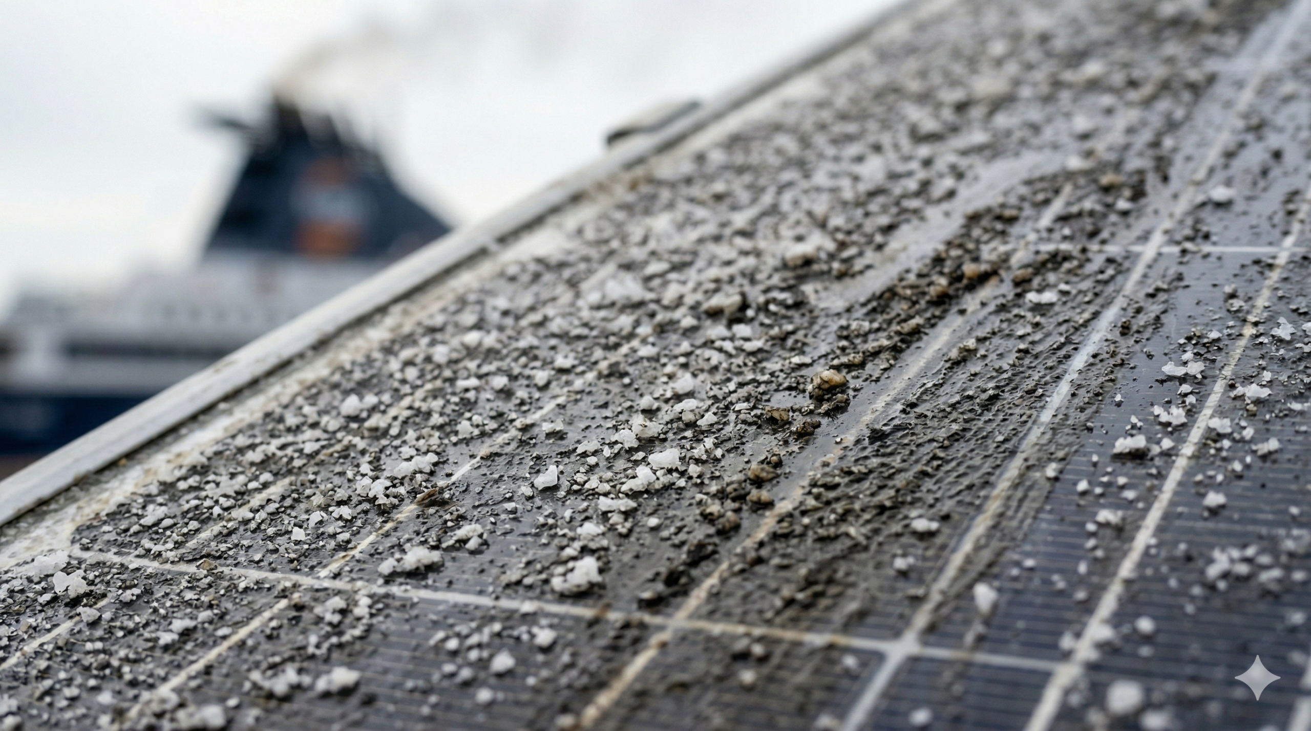 Gros plan d'un panneau solaire endommagé par le sel marin et les suies du trafic transmanche à Calais.