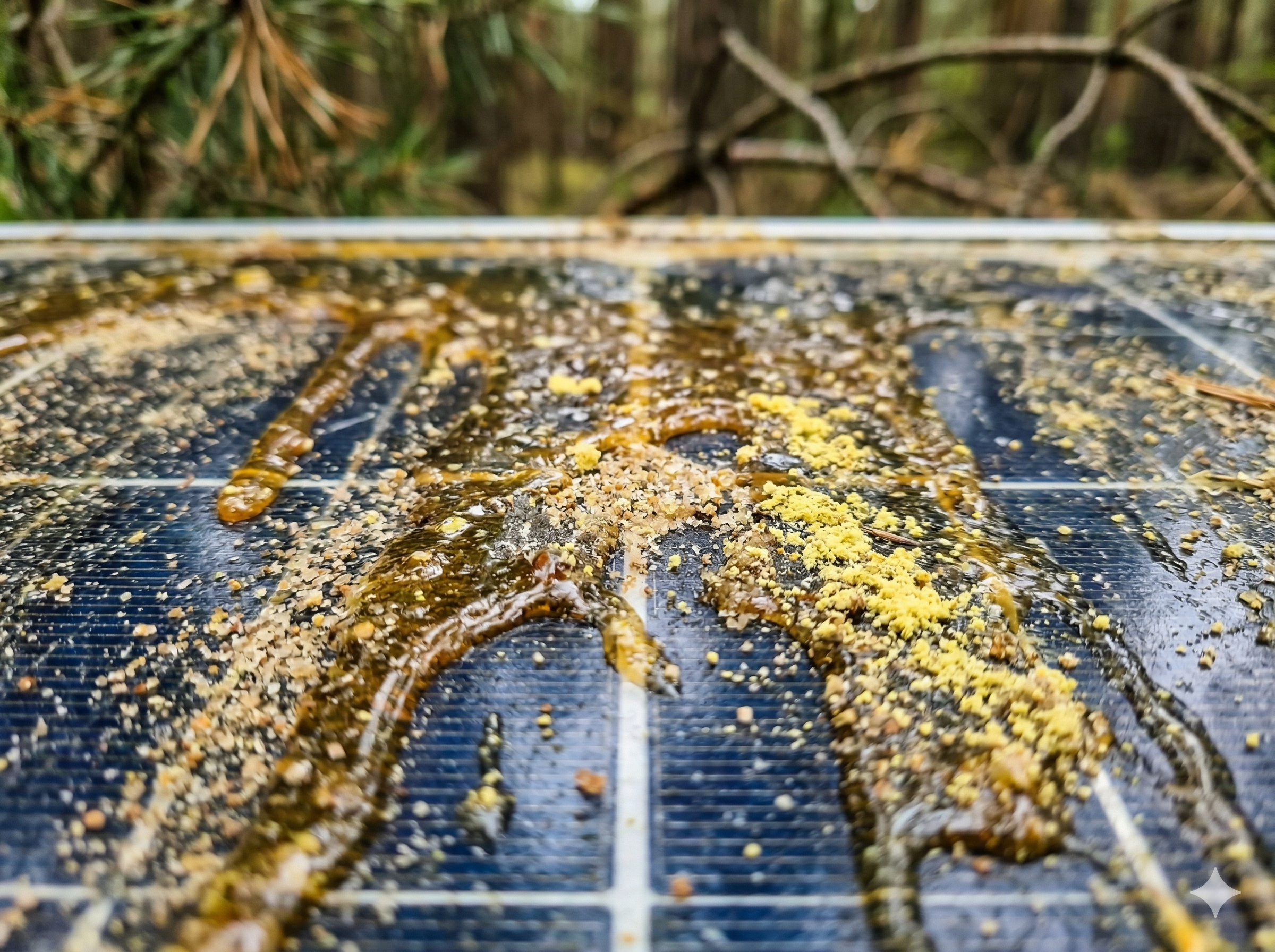 Gros plan d'un panneau solaire encrassé par la sève de pin, le pollen et le sable fin à Hardelot.