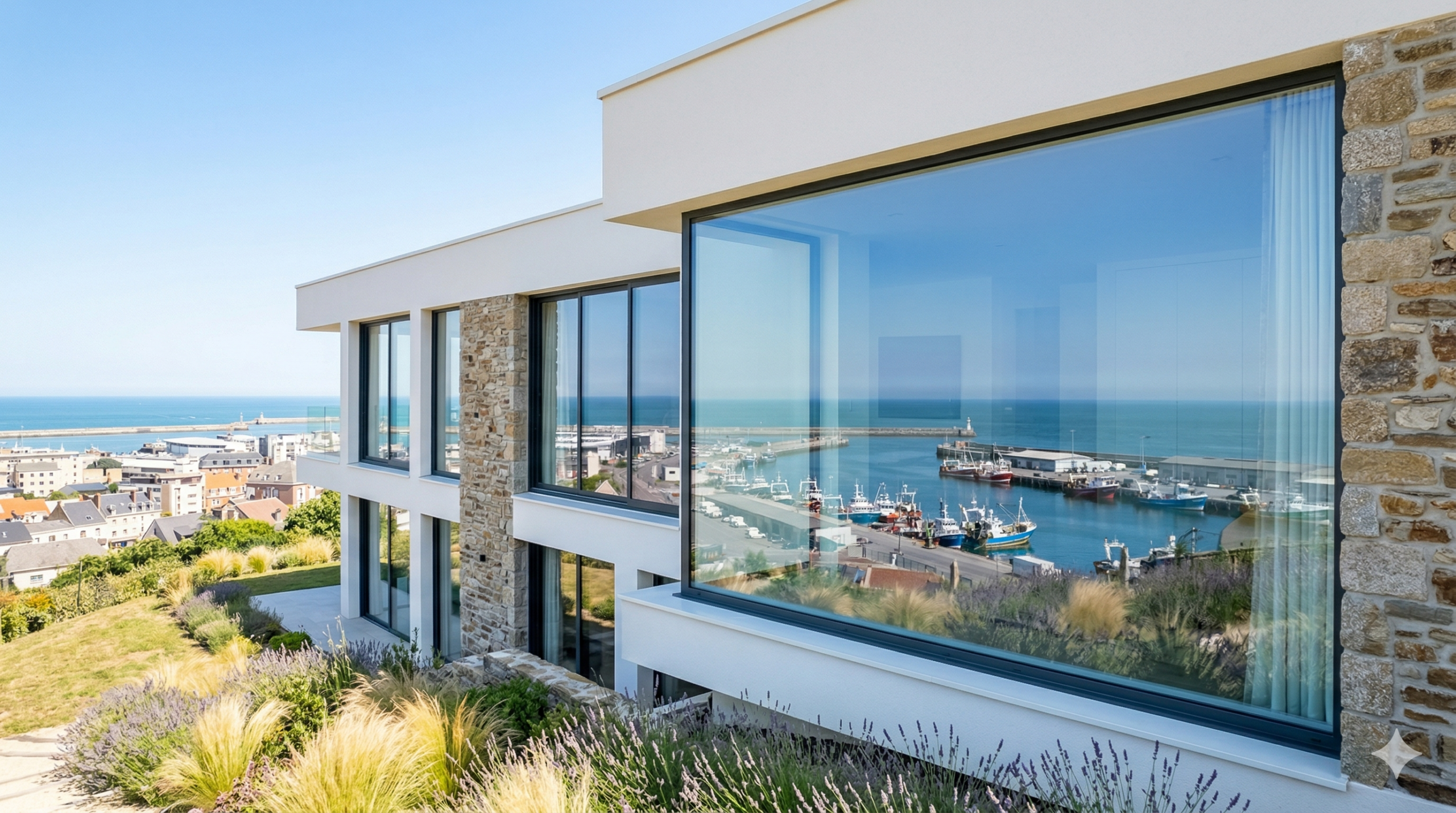 Résultat impeccable d'un Lavage vitres et façades Boulogne-sur-Mer sur une propriété face au port de pêche.