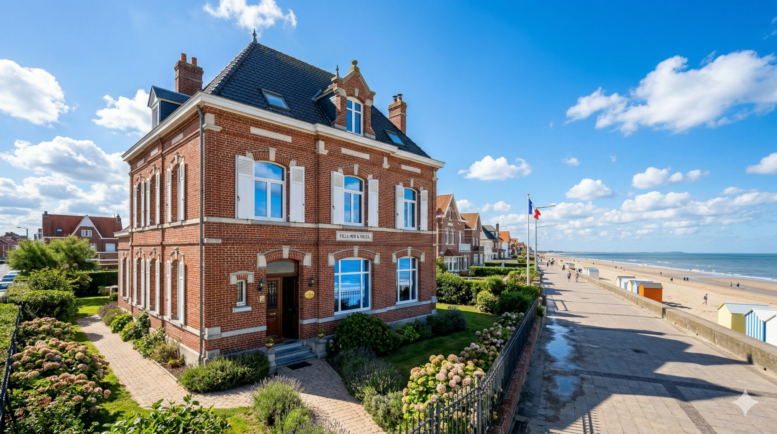 Résultat impeccable d'un Lavage vitres et façades Dunkerque sur une maison typique en briques de Malo-les-Bains.