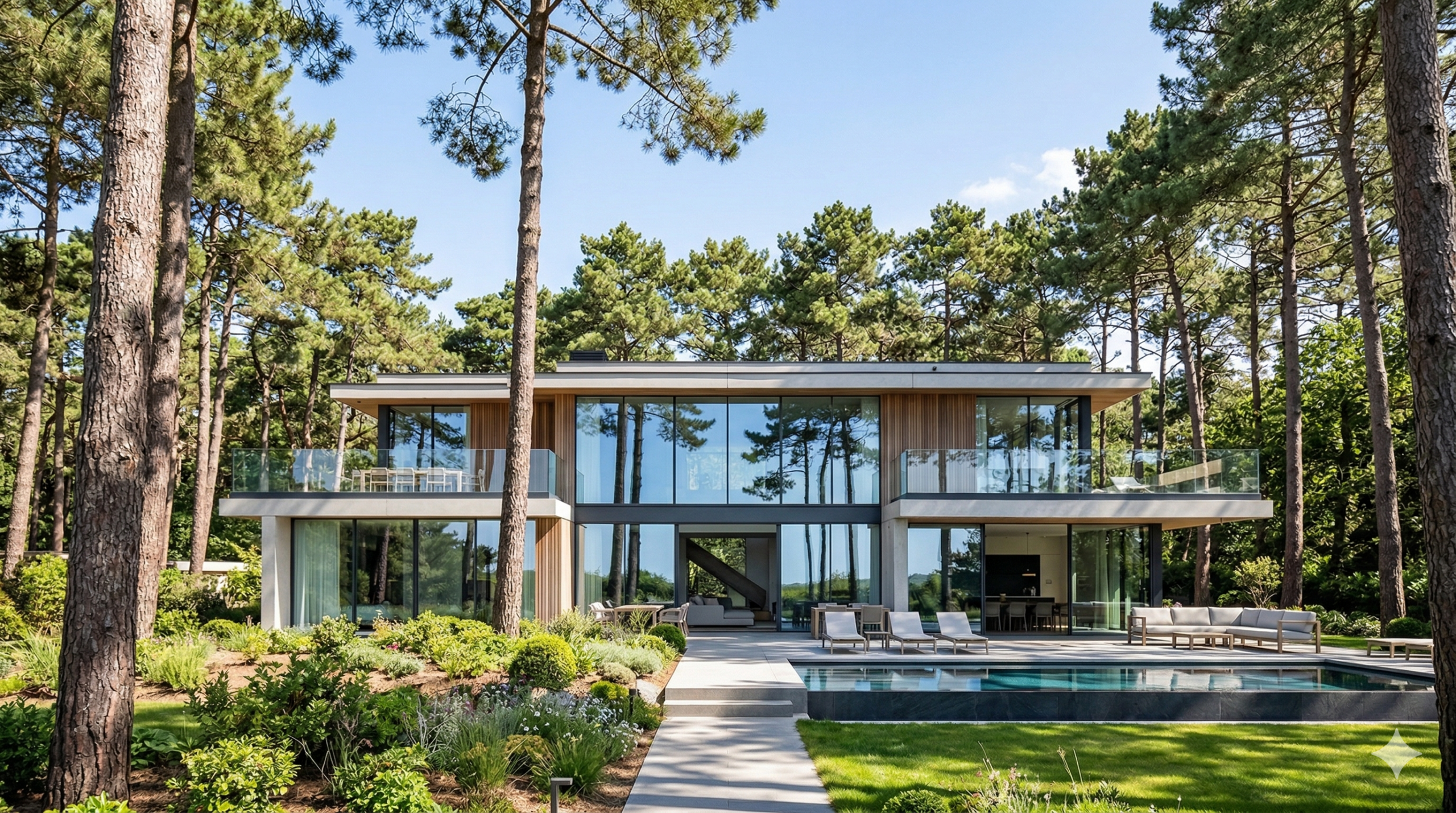 Résultat impeccable d'un Lavage vitres et façades Le Touquet sur une villa de prestige entourée de pins maritimes.