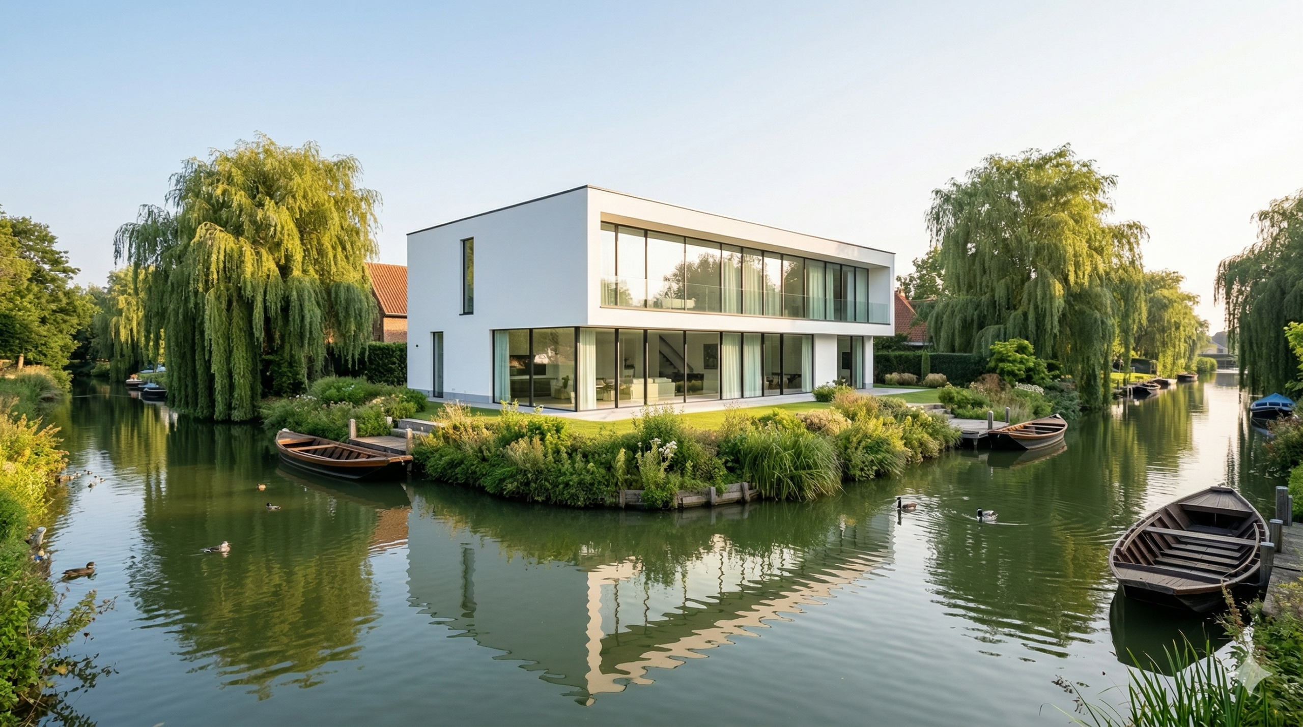 Résultat impeccable d'un Lavage vitres et façades Saint-Omer sur une maison située près des marais de l'Audomarois.