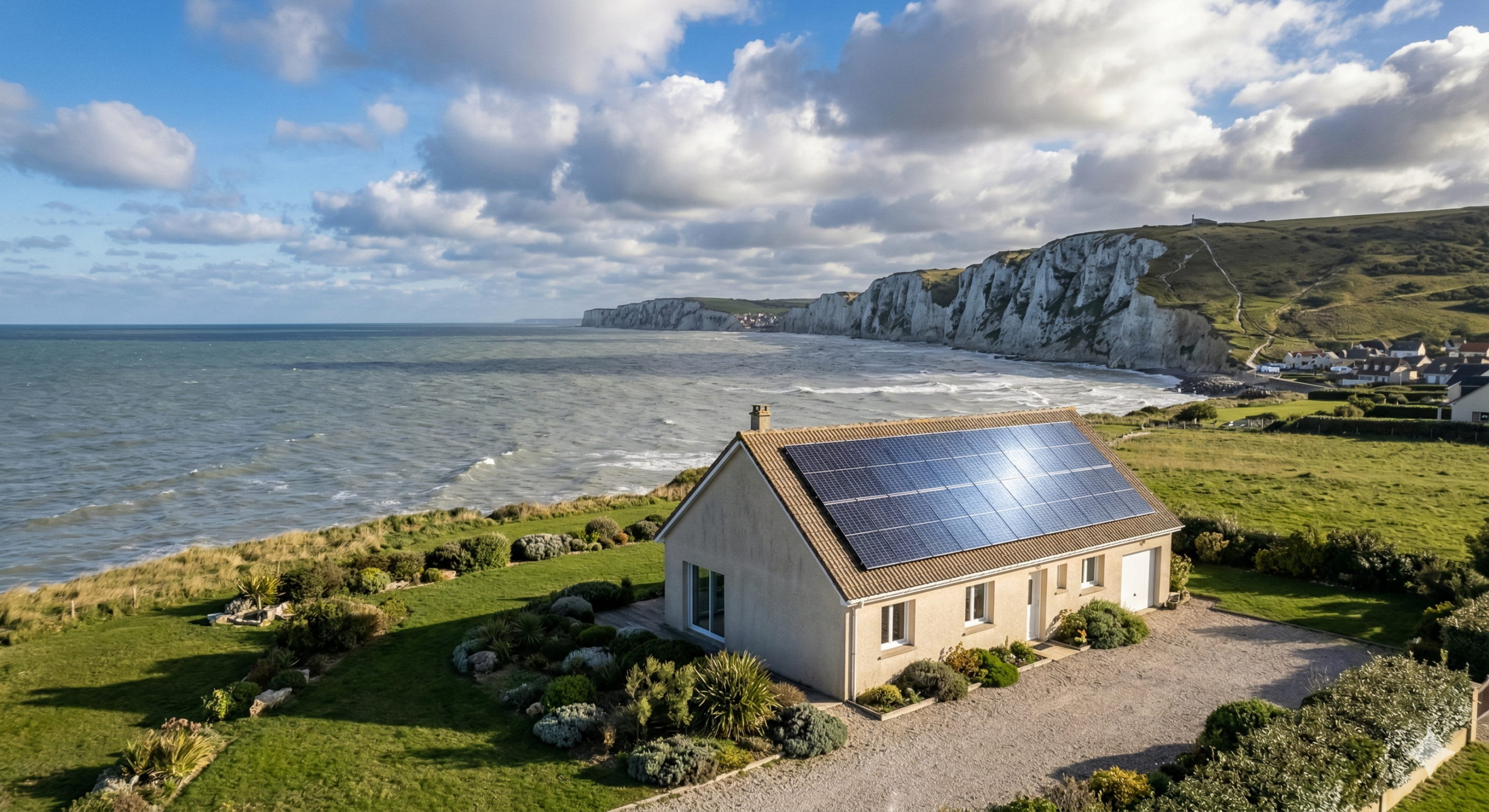 Résultat impeccable d'un Nettoyage panneaux solaires Calais sur une toiture face au Cap Blanc-Nez.