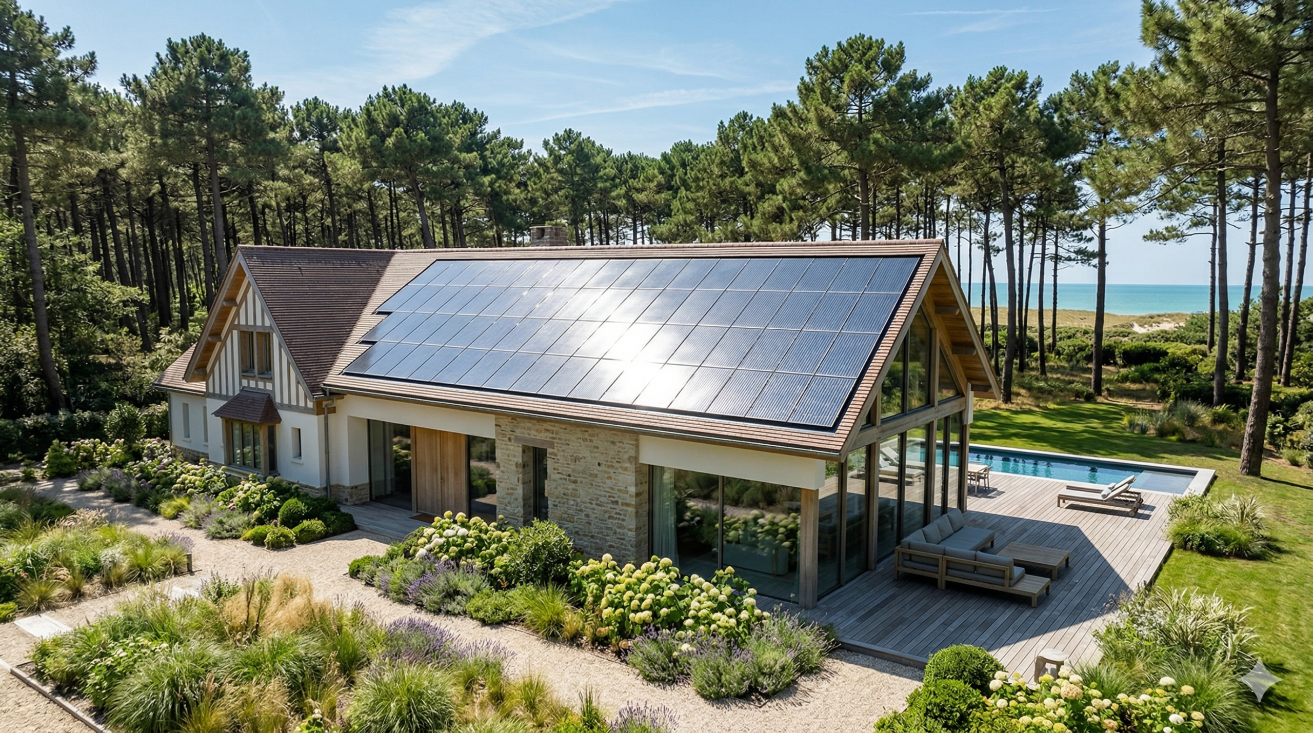 Résultat impeccable d'un Nettoyage panneaux solaires Le Touquet sur une villa de prestige entourée de pins.
