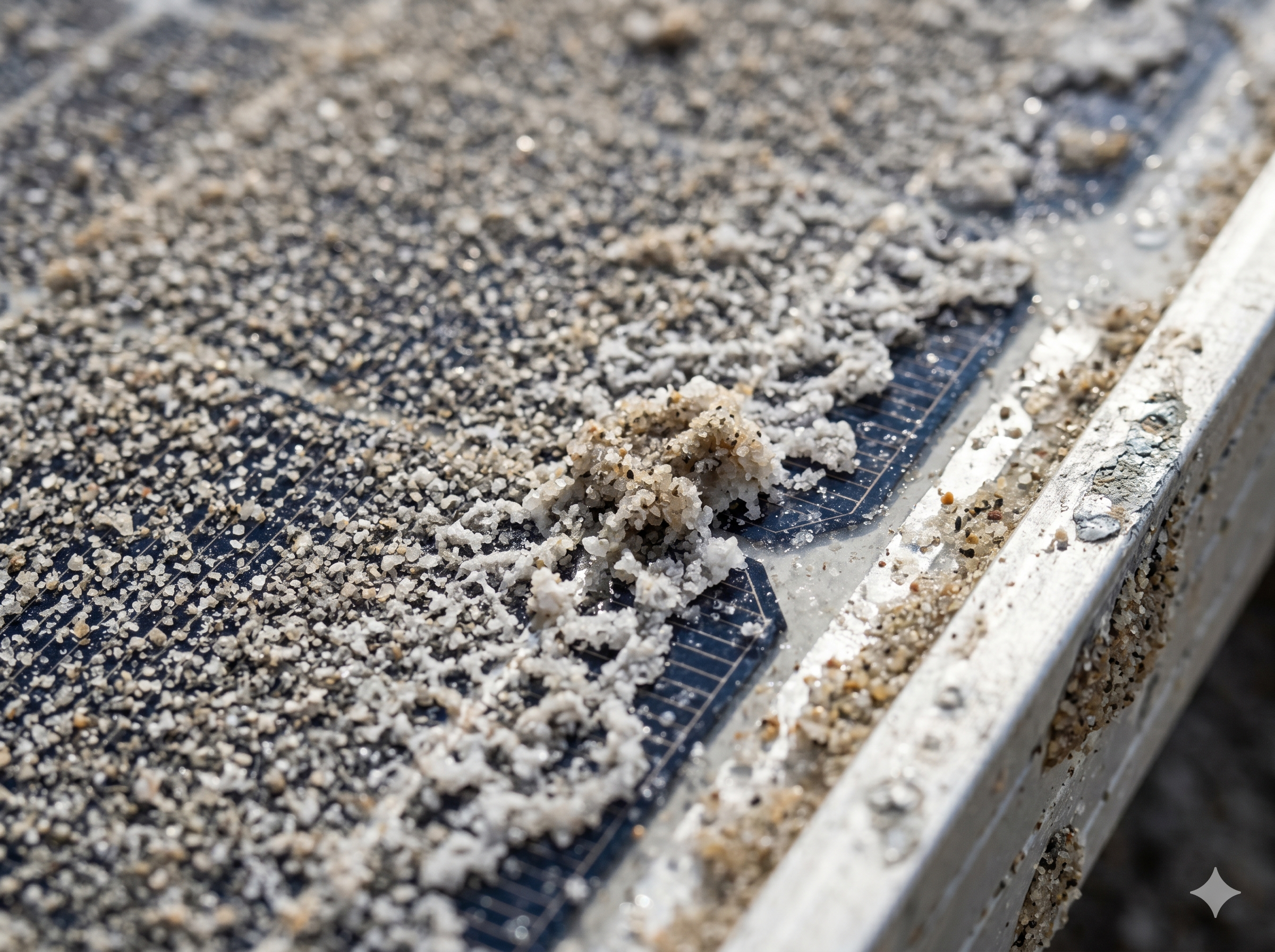 Gros plan d'un panneau solaire endommagé par le sable et le sel marin à La Panne en Flandre.