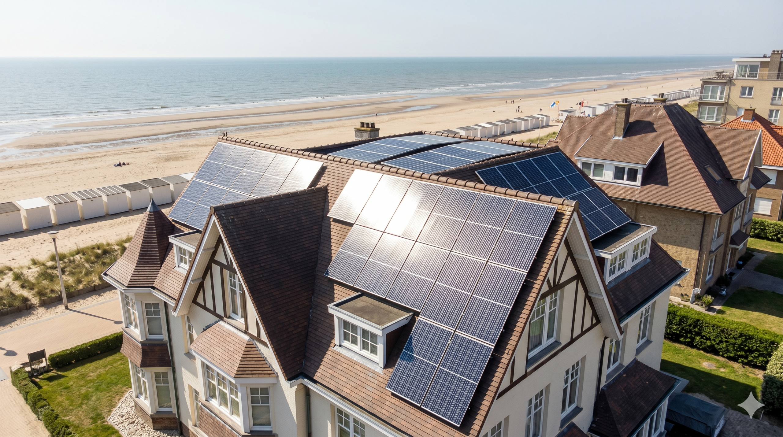Résultat impeccable d'un Nettoyage panneaux solaires La Panne sur une toiture face à la Mer du Nord en Belgique.